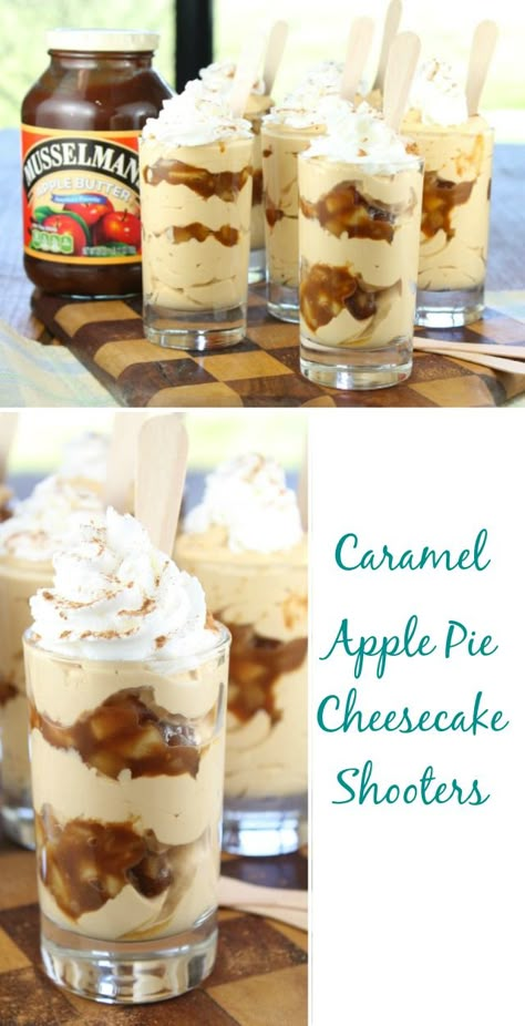 Caramel Apple Cheesecake Shooters Recipe found at Miss in the Kitchen #AppleButterSpin Apple Cheesecake Shooters, Desserts Trifle, Mini Dessert Shooters, Cake Shooters, Lemon Lush Dessert, Dessert Shooters Recipes, Fancy Baking, Cheesecake Shooters, Cheesecake Caramel