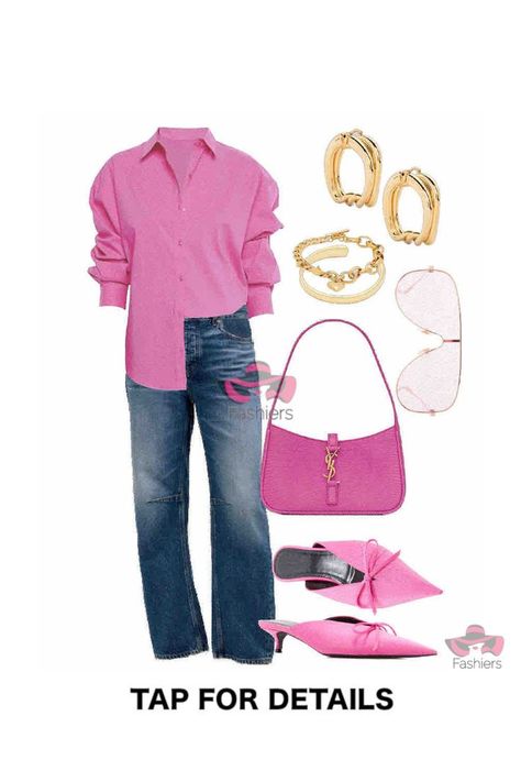 Outfit created with Fashiers app! Discover more styling tips visit fashiers.com! Join Fashiers community and learn different ways to style your favorite garments and discover the latest trends from your favorite stores Pink Chic Outfit, Pink Baguette Bag, Baby Pink Shirt, Jeans And Shirt, Pink Mules, Fall Chic, Early Fall Outfit, Denim Trends, Fashion Styling