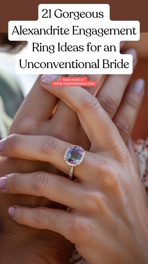 A stunning couple showcasing a beautiful alexandrite engagement ring, with the stone changing colors in different lights, perfect for an unconventional bride. Alexandrite Engagement Rings, Alexandrite Rings, Unconventional Bride, Engagement Ring Ideas, Nontraditional Engagement Rings, Traditional Engagement, Gemstone Rings Vintage, Alexandrite Stone, Traditional Engagement Rings