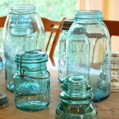 10 Amazing Mason Jar Ideas Rustic Mason Jars Diy, Blue Jars Decor Diy Projects, Vintage Blue Mason Jars Decor, Ball Jars Ideas Diy Projects, Blue Canning Jars Decor, Blue Mason Jar Ideas, Ways To Use Mason Jars, Mason Jar Display Ideas, Blue Mason Jars Home Decor