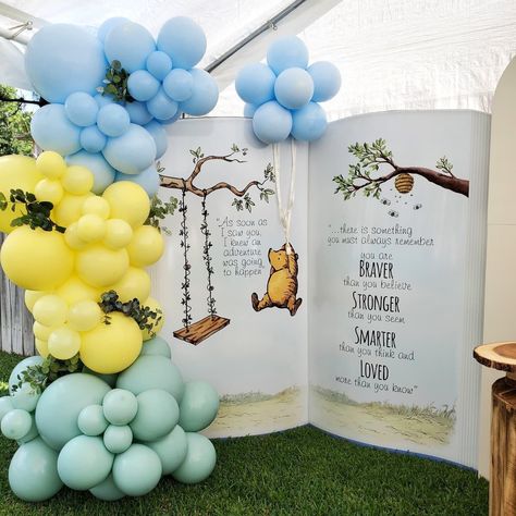 Winnie The Pooh Backdrop, Pooh Backdrop, Book Backdrop, Baby Shower Balloon Arch, Pooh Birthday, Winnie The Pooh Birthday, Classic Winnie The Pooh, Pastel Balloons, Vintage Winnie The Pooh