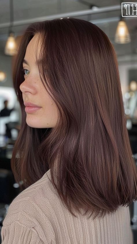 25 Gorgeous Hair Colors for Your Summer Makeover Trendy Hair 2024 Color, Minimal Hair Color Ideas, One Shade Hair Color, Chocolate Brown Hair With Auburn Highlights, Light Mahogany Brown Hair, Purple Undertone Hair Brown, Chocolate Mahogany Hair Color, Soft Mahogany Brown Hair, Short Mahogany Hair