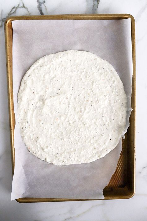 Top down view of raw cottage cheese pizza crust on baking sheet with parchment paper. Cottage Cheese Crust, Cottage Cheese Pizza Crust, Cheese Pizza Crust, Cottage Cheese Pizza, Pizza Flatbread, Cheese Crust Pizza, Crustless Pizza, Top Down View, Protein Recipe