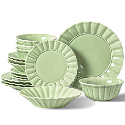 PRICES MAY VARY. Porcelain Dinnerware sets for 4 persons, including 4 of each of: 10.4” Dinner Plates, 7.9” Dessert/ Appetizer Plates, 8.6” Soup/Pasta Bowls and 6.3” Cereal Bowls. The wavy series bone china dinnerware sets have everything you need for full table service. Fine Porcelain Colors Your Table. The fine ceramic dinnerware allows light to pass through. The refreshing Mint Glow Green adds a touch of modern freshness to your table, perfect for those who love a subtle yet vibrant pop of co Cute Dishware Sets, Cute Plate Set, Dish Sets Dinnerware, Cute Plates, Dishes Sets, Glow Green, Soup Pasta, China Dinnerware Sets, Bone China Dinnerware