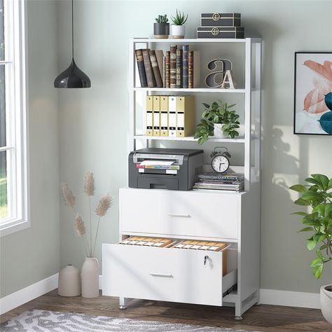 Feature: 【Large Storage Capacity】This office cabinet not only has two drawers for important documents, but also features four-tier open bookcase for storage and display. Printer Storage, Shelf Units, Bookcase With Drawers, Office Storage Furniture, Drawer Filing Cabinet, Office Storage Cabinets, Open Bookcase, Home Office Storage, Tall Cabinet