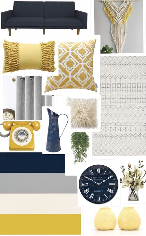 Navy And Yellow Living Room Decor, Yellow And Grey Boho Bedroom, Yellow Navy Living Room, Navy Blue Mustard And Grey Living Room, Navy And Grey Palette, Grey Yellow Gold Living Room, Yellow Gray Living Room Decor, Gray And Mustard Bedroom, Neutral Living Room With Pop Of Color Yellow Accents