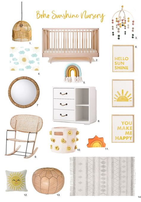 Boho Sunshine Nursery Design Inspiration - Zega Studio - Medium Sunshine Theme Bedroom, Sunshine And Rainbows Nursery, Gender Neutral Sunshine Nursery, Boho Sunshine Bedroom, Yellow Boho Nursery, Sunshine Nursery Decor, Sunshine Room Decor, Sunshine Theme Nursery, Sunshine Nursery Theme Gender Neutral