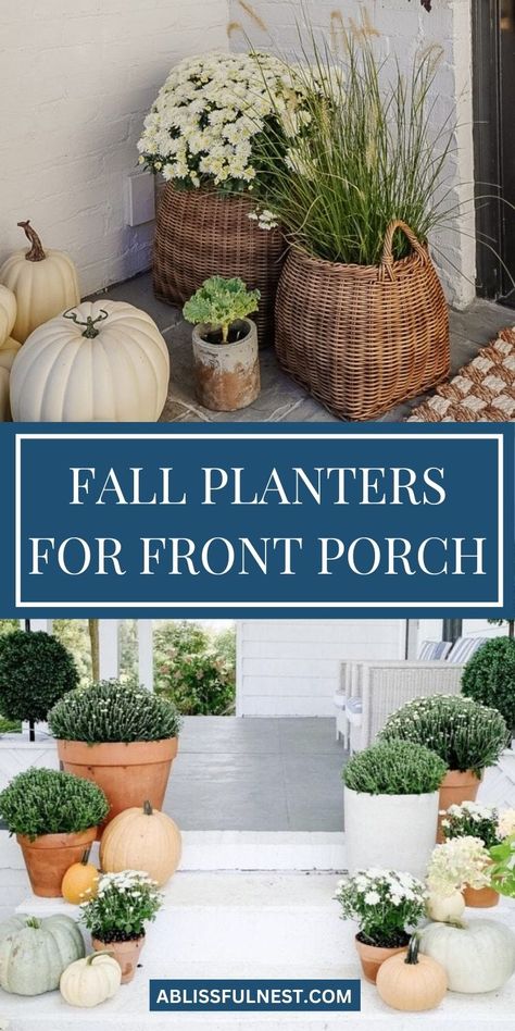 Pumpkin Arrangement Front Porch, Fall Winter Planter Ideas, Fall Container Ideas, Fall Potted Plants Front Porches, Fall Planters Front Porches, Planters For Front Porch, Winter Front Porch Decor, Front Door Planters, Potted Mums