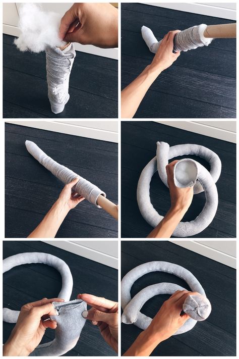 DIY KNOT PILLOW – All Style Life:  Super stuffing secret? Pull fabric tube over a wrapping paper tube, stuffing goes inside, push in with broom handle. “You can stuff too firmly” You can also use the wrapping paper tube to help turn the material tube right side out. Pillow Stuffing Ideas, Knot Pillow Diy Tutorials, Diy Knot Pillow, Knot Pillow Diy, Hantverk Diy, Diy Pillow, Knot Cushion, Knot Pillow, Broom Handle