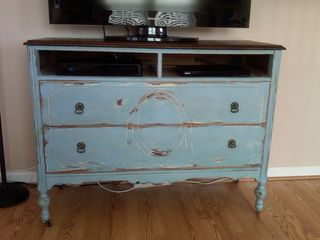 Dresser Converted To Tv Stand, Tv Stand From Dresser, Dresser Conversion, Shabby Chic Tv Stand, Small Deck Furniture, Tv Stand Storage, Diy Furniture Tv Stand, Dresser Tv, Painted Dressers