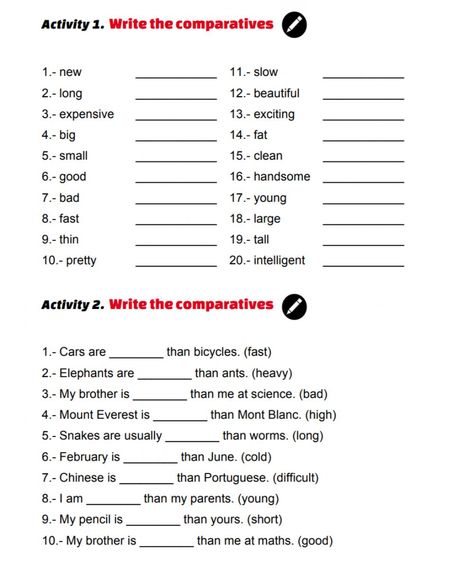 Comparatives online activity for Grade 3. You can do the exercises online or download the worksheet as pdf. Worksheet Of Adjectives, Adjective Worksheet For Grade 3, Comparative Adjectives Activities, Comparative Adjectives Grammar, Comparative Adjectives Exercises, Comparative Adjectives Worksheets, Comparatives And Superlatives Worksheets, Comparatives Worksheet, Comparative And Superlative Worksheets