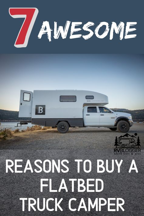 Truck campers have been increasing in popularity in recent years. The many benefits include creative floorplans, bathrooms, off-road capabilities and even demounting the camper portion. To learn more about types and benefits of  flatbed truck campers, check out this article. #rvblogger #truckcampers #rvtypes #4wdcamper #4x4camper #flatbedcamper #campertips #rvtips Flatbed Truck Camper, Truck Topper Camping, Truck Cap Camping, Diy Truck Camper, Camper Projects, Adventure Truck, Slide In Truck Campers, Truck Living, Pop Up Truck Campers