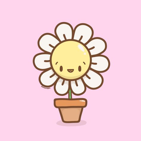 An illustration on a Daisy flower in a flowerpot. Cute Daisy Drawing, Daisy Cartoon, Daisy Flower Drawing, Whoopsie Daisy, Logo Board, Highlight Ig, Cartoon Flowers, Cartoon Faces, Cute Creatures