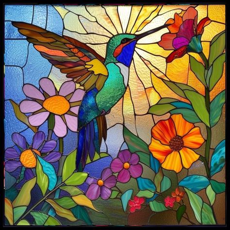 Painting A Hummingbird, Stained Glass Nature Scenes, Hummingbird Mosaic Pattern, Bird Glass Painting, Stained Glass Humming Bird, Stain Glass Painting Ideas, Cool And Warm Color Painting, Harmony Art Drawing, Cool And Warm Colours Paintings