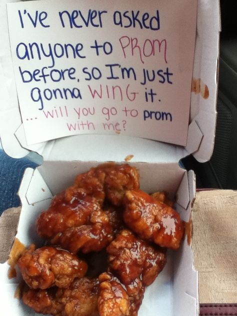 Promposal 2014 Food Prom Proposal, Food Promposal Ideas, Chicken Promposal, Promposals For Guys, Wingstop Promposal, Cheerleading Promposal, Chipotle Promposal, Dr Pepper Promposal, Sanrio Promposal