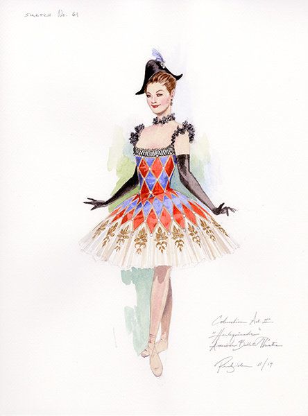 ABT's Harlequinade Reconstruction, By the Numbers, Columbine's second act costume. Ballet Illustration, Nutcracker Costumes, Costume Design Sketch, Pierrot Clown, Artist In Residence, By The Numbers, American Ballet Theatre, Ballet Art, Theatre Costumes