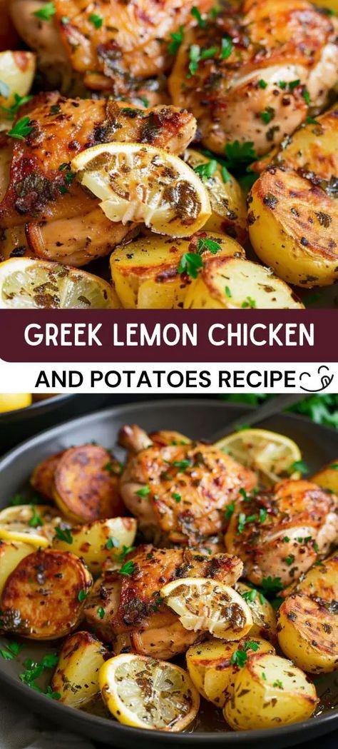 Greek Lemon Chicken and Potatoes Recipe Fries Tomatoes, Marinated Garlic, Greek Lemon Chicken And Potatoes, Lemon Chicken And Potatoes, Greek Chicken And Potatoes, Greek Lemon Potatoes, Greek Potatoes, Lunch Appetizers, Greek Lemon Chicken