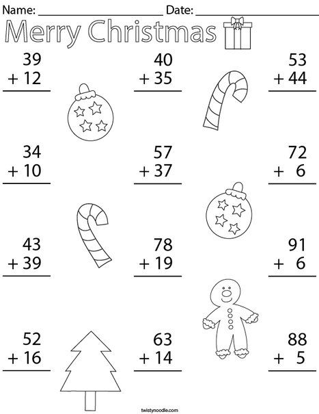 Christmas Double Digit Addition Math Worksheet - Twisty Noodle Christmas Math 2nd Grade, Christmas Addition Worksheets, Math Crossword, Preschool Readiness, Doubles Addition, Math Doubles, Holiday Math Worksheets, Math Centres, Nursery Worksheets