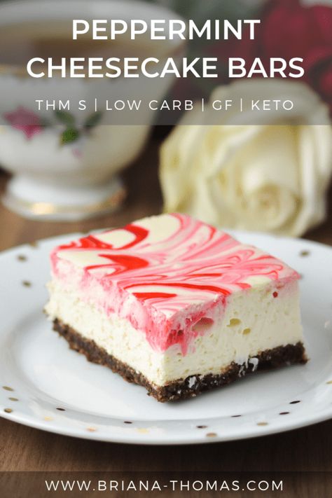 These Peppermint Cheesecake Bars are easy to make and have the most amazing texture! They make the perfect Christmasy THM S and low carb dessert! You don’t even need a spring-form pan to make them. Trim Healthy Mama friendly, gluten free, sugar free, keto. #brianathomas #trimhealthymama #thm #sugarfree #glutenfree #lowcarb #keto #cheesecake #peppermint #Christmas #healthydessert #holidaydessert Keto Christmas Desserts Peppermint, Keto Christmas Cheesecake, Gluten Free Peppermint Cheesecake, Thm Christmas Desserts, Keto Peppermint Dessert, Thm Christmas Recipes, Keto Peppermint Cheesecake, Black Raspberry Cheesecake Recipe, Sugar Free Christmas Desserts