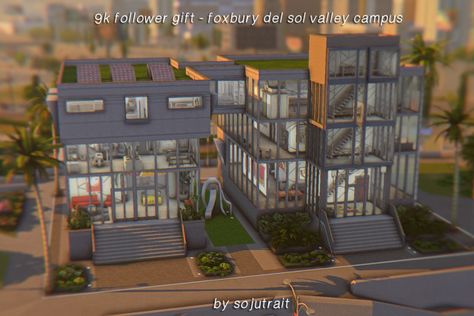 ✧lot download! foxbury del sol valley campus✧ info below cut Foxbury Commons, Computer Lab, Study Rooms, Science Lab, Sims 4 Houses, Gaming Room, Sims 4 Cc Finds, Sims House, Robotics