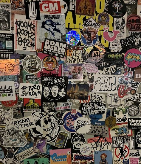 Sticker Wall Aesthetic, 90s Punk Aesthetic, Skater Room Aesthetic, 90s Skater Aesthetic, 90s Grunge Room, Punk Aesthetic Wallpaper, Skater Wallpaper, 90s Grunge Bands, Skater Room