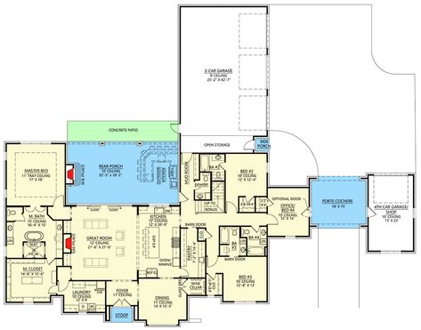 Single-Story 4-Bedroom Modern French Country Home with Porte Cochere (Floor Plan) French Country House Plans With Porte Cochere, House With Porte Cochere Floor Plans, Home Plans With Porte Cochere, Houses With Porte Cochere, Porte Cochere Floor Plan, House Plans With Motor Court, Floor Plans With Porte Cochere, One Story House Plans With Porte Cochere, House Plan With Motor Court