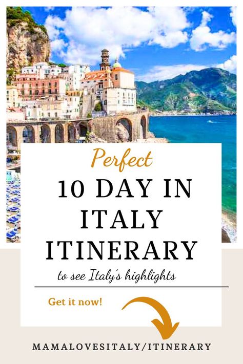 image of Amalfi coast with tect: perfect 10 day Italy itinerary to see Italy's highlights 10 Day Italy Itinerary Trips, Italy Itinerary 10 Days, 10 Days In Italy, Best Places In Italy, Italy For Kids, Visit Rome, Itinerary Ideas, Things To Do In Italy, Best Of Italy