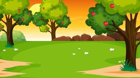 Blank park landscape scene at sunset tim... | Premium Vector #Freepik #vector #nature-cartoon #cartoon-garden #cartoon-scenery #cartoon-background Cartoon Garden Background, Cartoon Background Hd, Cartoon Background Images, Cartoon Scenery, Cartoon Park, Garden Cartoon, Happy Birthday Logo, Cartoon Landscape, Nature Cartoon