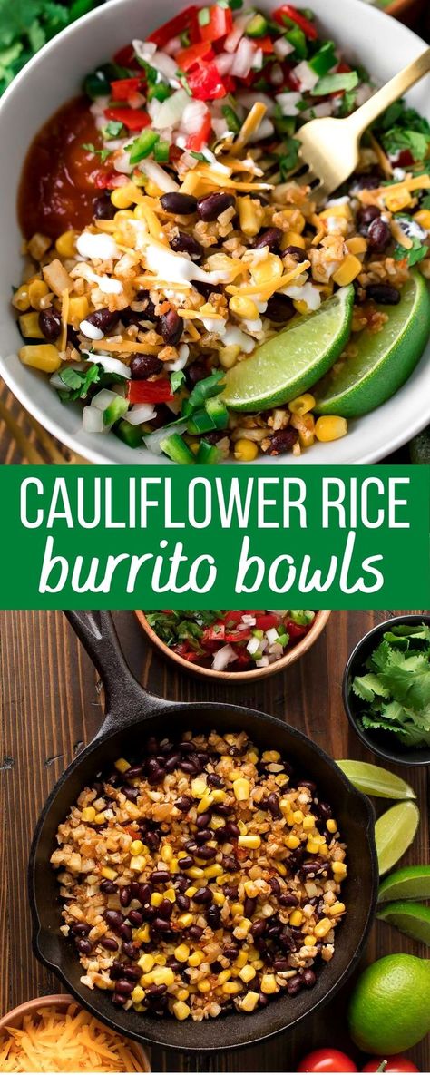 burrito bowls with cauliflower rice, black beans, corn, and Pico de Gallo salsa Riced Cauliflower Burrito Bowl, Cauliflower Rice Bowls Healthy, Cauliflower Rice Bowl Meal Prep, Cauliflower Rice Mexican Bowl, Burrito Bowl With Cauliflower Rice, Bowls With Cauliflower Rice, Cauliflower Rice Veggie Bowl, Cauliflower Rice Power Bowl, Southwest Cauliflower Rice