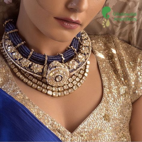 Jaipur Gems Jewellery, Blue Kundan Jewellery, Amrapali Jewellery, Hasli Necklace, Jaipur Jewelry, Polki Sets, Unique Bridal Jewelry, Neck Pieces Jewelry, Indian Jewelry Earrings