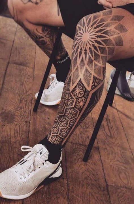 Geometric Leg Sleeve, Geometric Leg Tattoo, Geometric Tattoo Leg Sleeve, Mandala Leg Tattoo, Mandala Tattoo Mann, Calf Sleeve Tattoo, Geometric Tattoo Leg, Tato Mandala, Mandala Tattoo Men