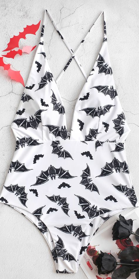 Sweeming Suits, One Piece Bathing Suit Women, Bathing Suit Women, Bathing Suit Styles, Bat Print, Backless One Piece Swimsuit, Swimsuit One Piece, Swimsuits Outfits, Halloween Bat