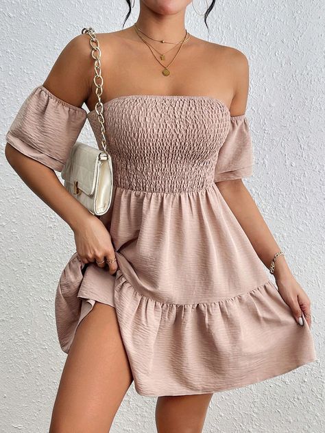 Khaki Boho Collar Short Sleeve Woven Fabric Plain A Line Embellished Non-Stretch  Women Clothing Vestidos Color Melon, Color Melon, Outfits Vestidos, Women Midi, Beautiful Clothes, Womens Midi Dresses, Kids Beachwear, Midi Dresses, Summer Dresses For Women