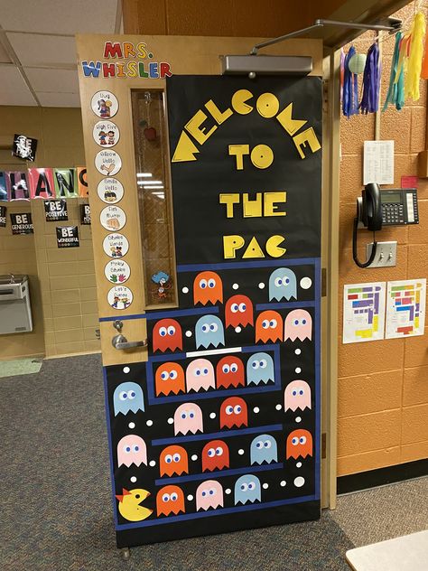 Cool Classroom Door Ideas, Among Us Door Decorations Classroom, Door Design School Decorating Ideas, Pacman Theme Classroom, School Room Themes Ideas, Teacher Door Decorating Ideas, Daycare Room Themes Ideas, Game Theme Classroom Doors, Easy School Door Decorations