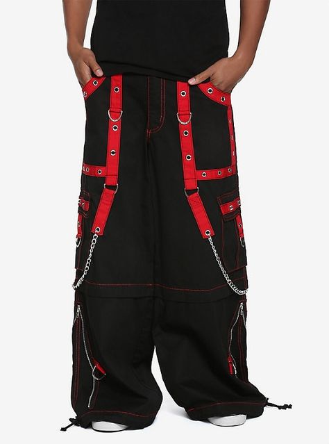 Tripp Black & Red Chain Zip-Off Pants, BLACK Tripp Pants, Scene Accessories, Techwear Pants, Plain Pants, Cargo Pocket, Character Outfits, Hook And Loop, Pants Black, O Ring