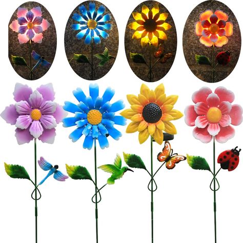 PRICES MAY VARY. 💐Attention! When the light is dim, please turn the switch on the solar panel and place it in the sun to charge 💐[Newly upgraded Solar]:4 pack metal outdoor flowers garden stakes decorative made from high grade rust-proof. It's as beautiful as a real flower during the day, and at night it automatically gives off a warm glow to decorate your garden, patio, backyard, yard, porch, and walkway. 💐[colorful garden decorate]：Each metal flower stake comes with different butterflies, b Stick Flowers, Light Pathway, Animal Light, Patio Pathway, Halloween Lighting Outdoor, Solar Garden Stakes, Outside Garden, Decorative Garden Stakes, Outdoor Lighting Landscape