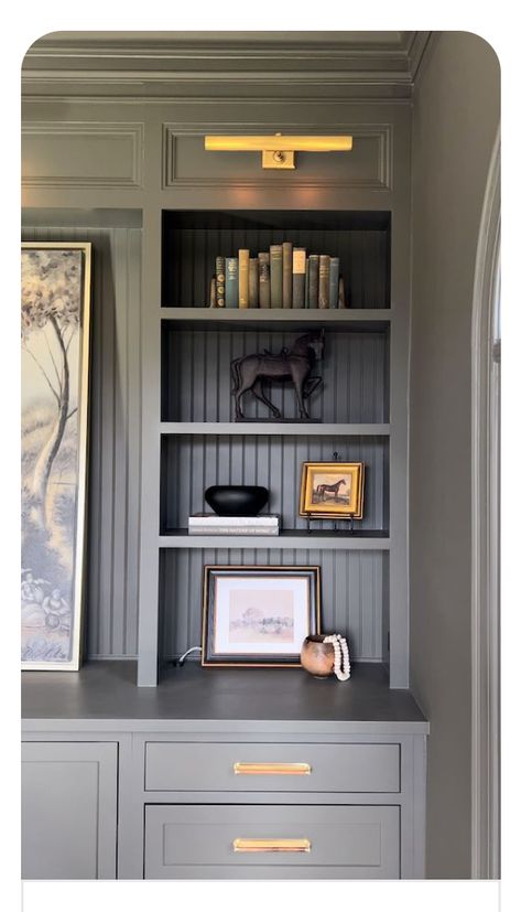 Dark Gray Office Built Ins, Built In Bookshelf Remodel, Pole Wrap Bookcase, Basement Bookshelf Ideas, Decorating Dark Bookshelves, Blue Bookshelves, Moody Home, Moody Home Decor, Home Office Built Ins