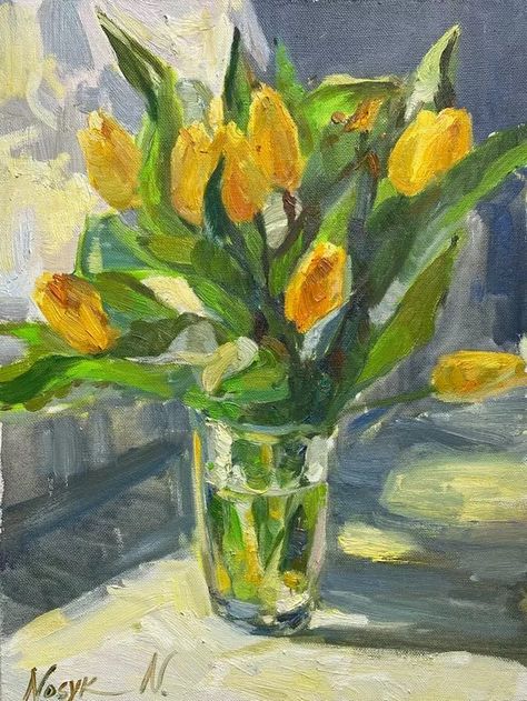 Tulips Oil Painting, Wild Flowers Bouquet, Painted Tulips, Flowers Oil Painting, Watercolor Art Landscape, Tulip Painting, Yellow Tulips, My Art Studio, Oil Painting Flowers