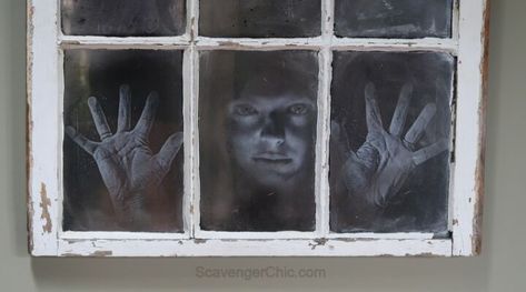 I've used vintage windows for decorating before but this is the first time for my Halloween decor. What's creepier than a face peering at you in the window. Mirror Effect Spray Paint, Cheesecloth Ghost, Floating Ghosts, Halloween Gesicht, Window Poster, Fall Decor Dollar Tree, Casa Halloween, Glass Picture Frames, Adornos Halloween