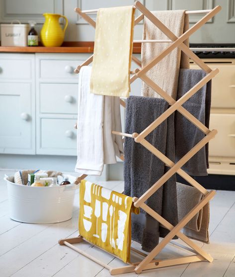 Drying rack ideas – dry clothes indoors without it looking like a laundrette Retro Laundry Room, Heated Clothes Airer, Laundry Airer, Wooden Drying Rack, Small Utility Room, Hanging Clothes Rail, Compact Laundry, Drying Rack Laundry, Laundry Dryer