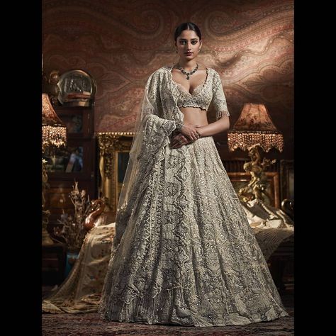 681 Likes, 7 Comments - Rimple & Harpreet Narula (@rimpleandharpreet) on Instagram: “RAH Tribe | On Kritika, a pale ivory tulle and silk lehenga. The tonal skirt is wrought with…” Rimple Harpreet Narula, Rimple Harpreet, Rimple And Harpreet Narula, Pearl Tassels, All Over Embroidery, Full Sleeve Blouse, Work Lehenga, Blush Bride, Embroidered Dupatta