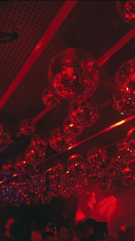 Dancing Red Aesthetic, Red Disco Ball Aesthetic, Red And Black Party Aesthetic, Dark Red Party Decorations, Red Disco Party, Goth Party Aesthetic, Big Party Aesthetic, Red Aesthetic Party, Night Club Lights