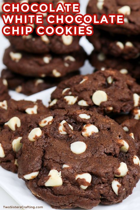 Chocolate White Chocolate Chip Cookies - soft and fudgey Chocolate Cookies chock full with yummy White Chocolate Chips. Chocolate lovers, this one is for you! Pin this yummy White Chocolate Cookie Recipe for later and and follow us for more great Cookie Ideas. Chocolate With White Chocolate Chips, White Chip Chocolate Cookies, Chocolate And White Chocolate Cookies, Chocolate Cookies With Chocolate Chips, Chocolate White Chip Cookies, Chocolate Cookies White Chips, White Chocolate Chocolate Cookies, Hersheys White Chocolate Chip Cookies, Chocolate Cookie With White Chips