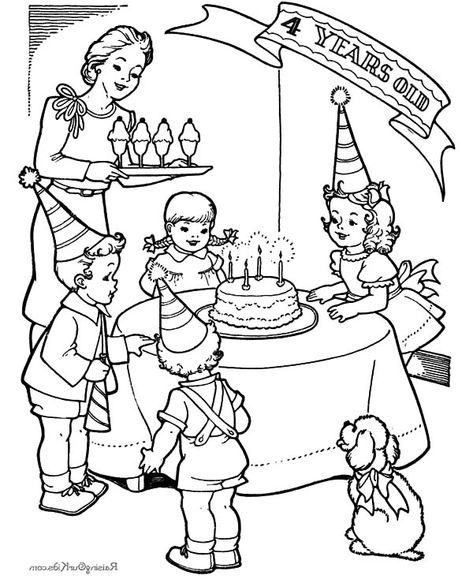 Little Girl Fourth Birthday Party Coloring Pages - NetArt Drawing Of Birthday Party, Birthday Scene Drawing, Birthday Celebration Drawing, Party Drawing Ideas, My Birthday Drawing, Drawing Birthday Party, Birthday Party Drawing, Birthday Party Coloring Pages, Celebration Drawing