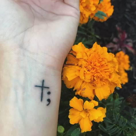 Cross with semicolon tattoo   My first tattoo!! Cross Semi Colon Tattoo, Simecolen Tattoo, Cross And Semi Colon Tattoos For Women, Cross And Semicolon Tattoo, Cross Semicolon Tattoo, Semi Colon Cross Tattoo Ideas, Semi Collen Tattoo, Attractive Tattoos, Cross Shoulder Tattoos