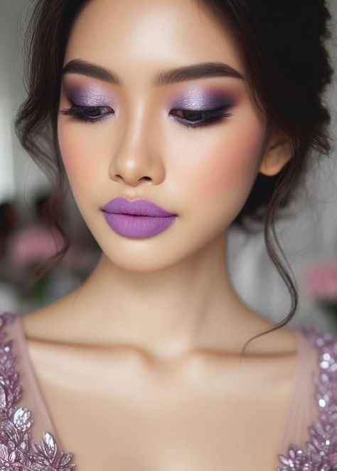 Beyond the basics! Elevate your makeup routine with a mesmerizing smokey lavender eye and a touch of lilac on your lips. This dreamy combination is perfect for a special occasion. Purple Makeup Looks For Wedding, Smokey Purple Eye Makeup, Lavender Eye Makeup, Engagement Hairstyle, Smokey Lavender, Champagne Eyeshadow, Lavender Makeup, Lilac Eyeshadow, Grey Smokey Eye