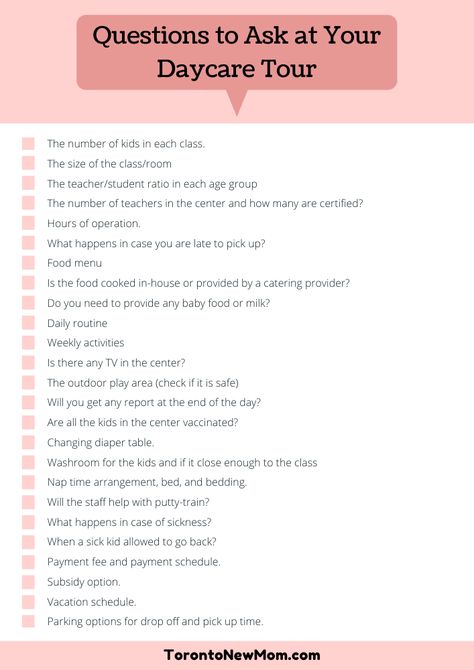 Daycare Checklist For Parents, Daycare Tour Questions, Daycare Center Organization, Daycare Tips For Parents, Questions To Ask Daycare Provider Infant, Daycare Interview Questions, Daycare Questions To Ask, Working At A Daycare, Questions To Ask Daycare