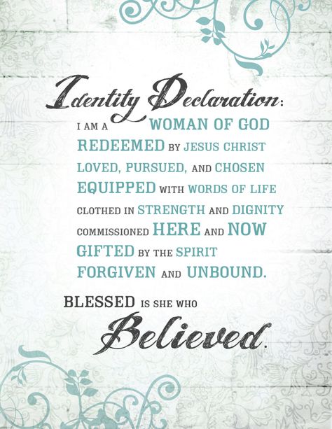 Sisters in Christ Jesus, I would like to share with you this wonderful declaration of our identity in God,  written by Beth Moore.  May it bless you, as it did my heart when she shared during the L... A Woman Of God, Woman Of God, I Am A Woman, Beth Moore, Living Proof, Women Of Faith, Words Of Encouragement, Bible Journaling, Word Of God