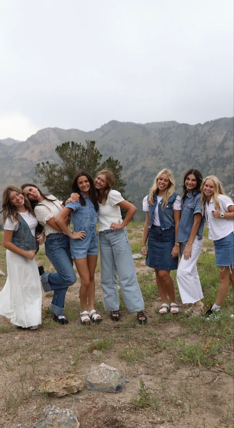 #fashion #denim #friends #photography White And Denim Outfits Group Photoshoot, Photo Shoot With Bestie Ideas, Photography Ideas For Friends, Color Cordinate Outfit Friend Group, Friends With Different Aesthetics, 7 People Poses Photo Ideas, Standing Poses With Friends, Group Photoshoot Outfit Ideas, Poses For Pictures Instagram 3 People