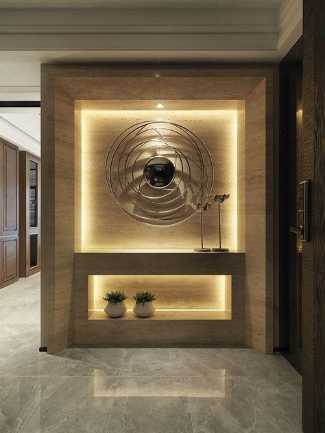 45 Best Interior Wall Design Ideas To Beautify Your Home - Engineering Discoveries Stone Wall Interior Design, Foyer Wall, Stone Walls Interior, Home Engineering, Wall Niche, Entrance Foyer, Foyer Design, Room Partition Designs, Lobby Design